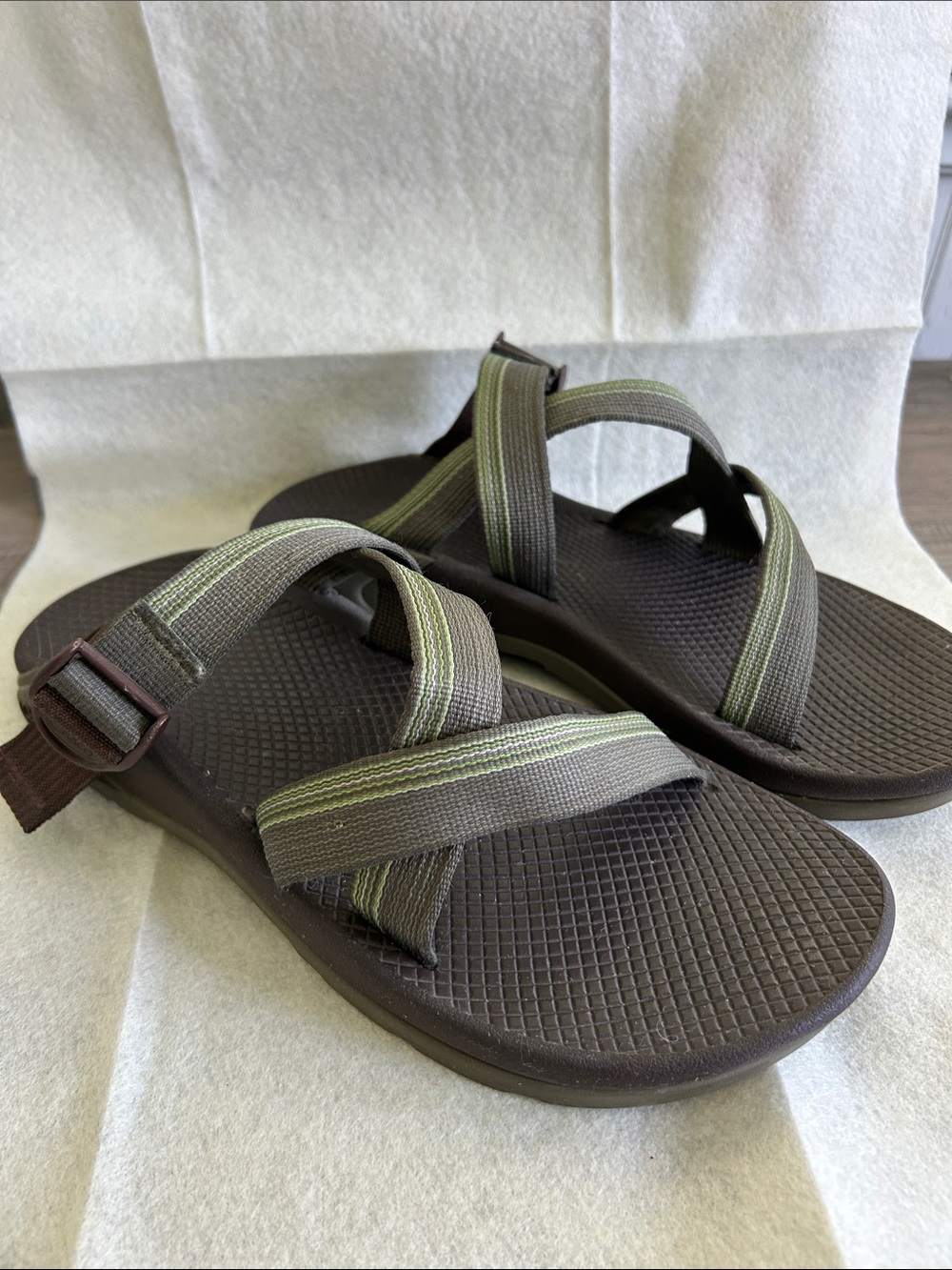 Chaco Men's Dark Brown Sandals with Olive Stripe Webbing
